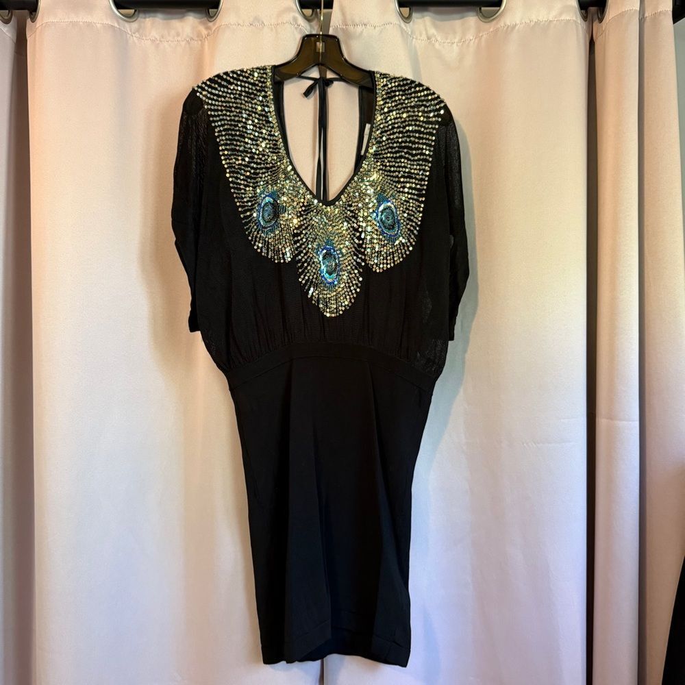 Peacock 🦚 Feather Sequin Black Mini Dress